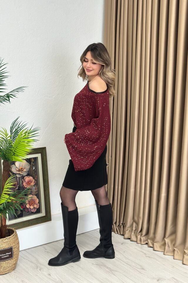Makarna Kumaş Asimetrik Pullu Bluz Bordo