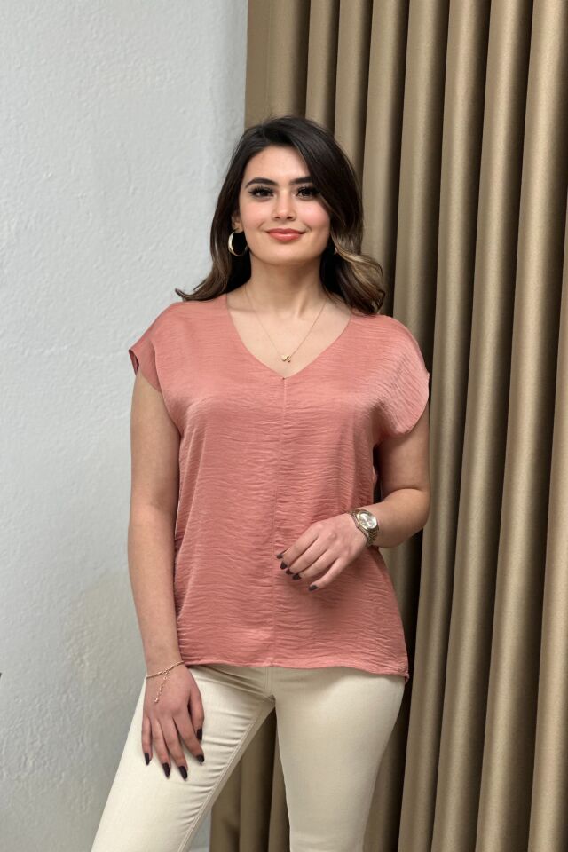 Saten Ayrobin Bluz Pudra