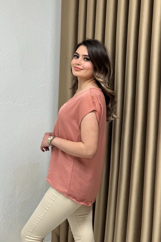 Saten Ayrobin Bluz Pudra