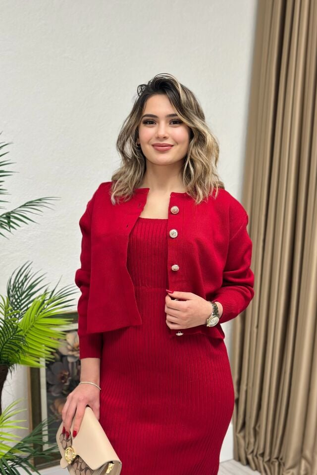 Triko Ceket Elbise İkili Takım Kırmızı