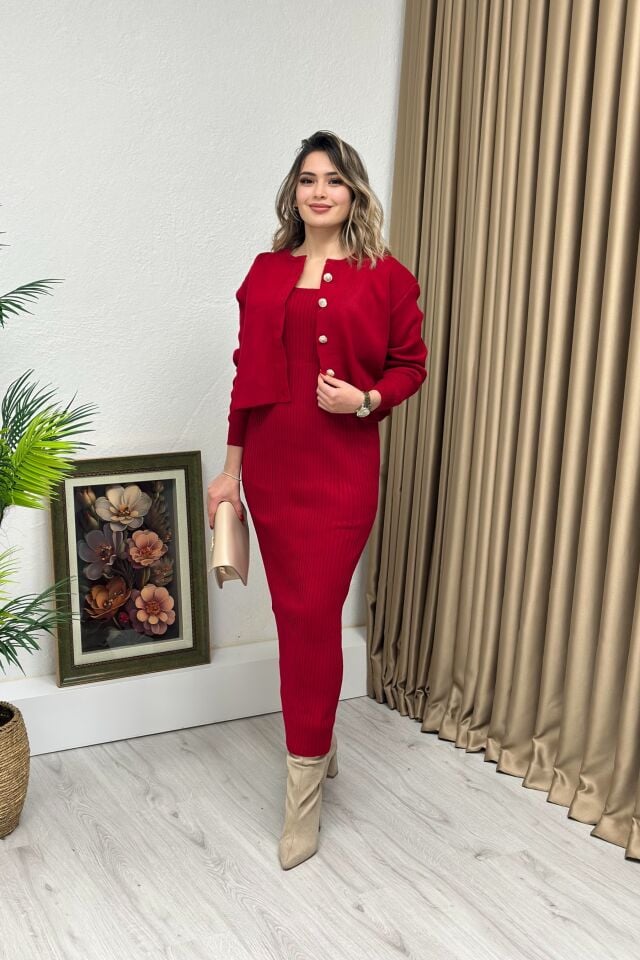 Triko Ceket Elbise İkili Takım Kırmızı