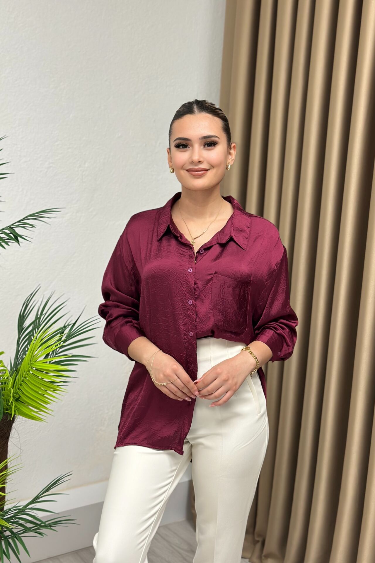 Saten Krinkıl Görünümlü Oversize Gömlek Vişne