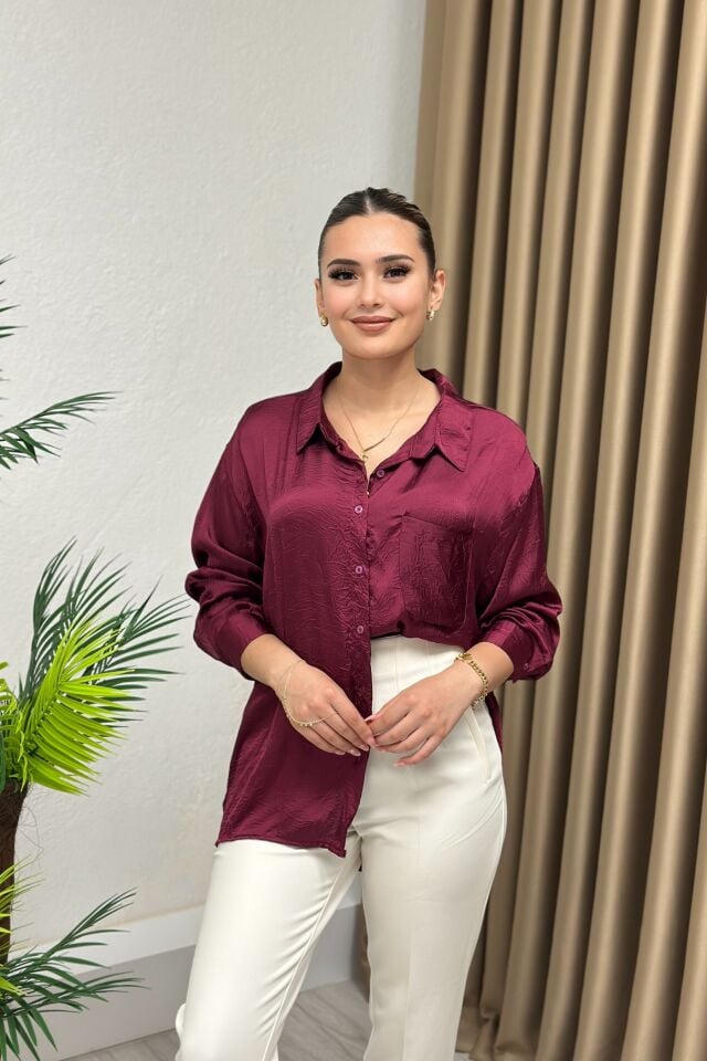Saten Krinkıl Görünümlü Oversize Gömlek Vişne