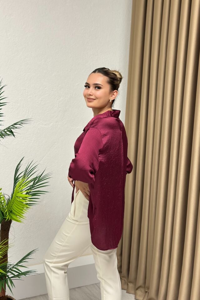 Saten Krinkıl Görünümlü Oversize Gömlek Vişne