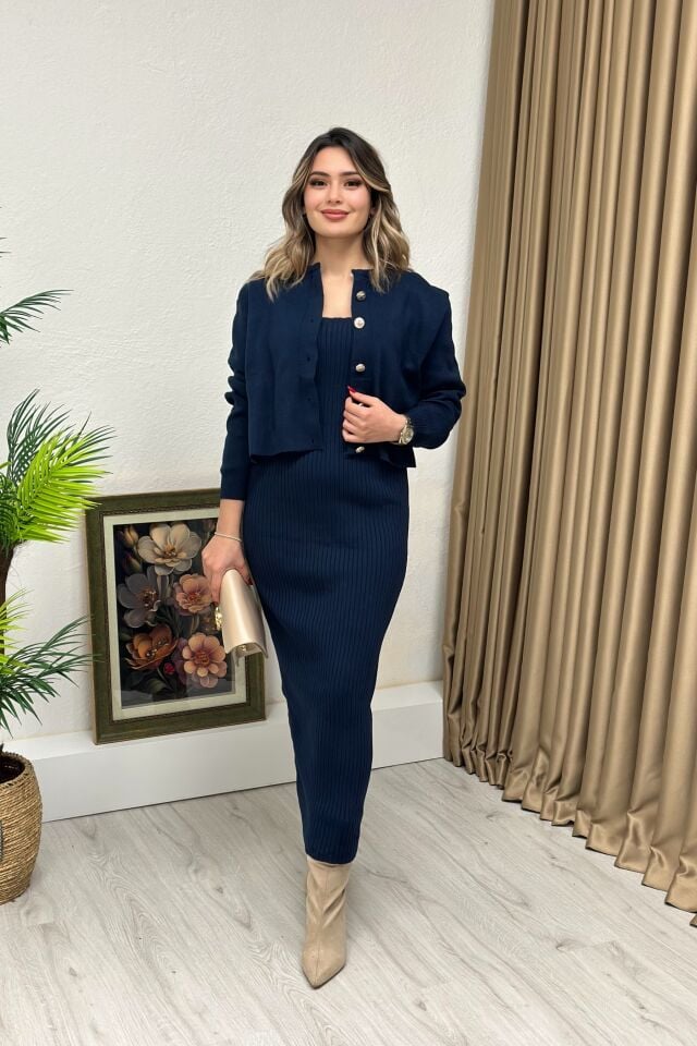 Triko Ceket Elbise İkili Takım Lacivert