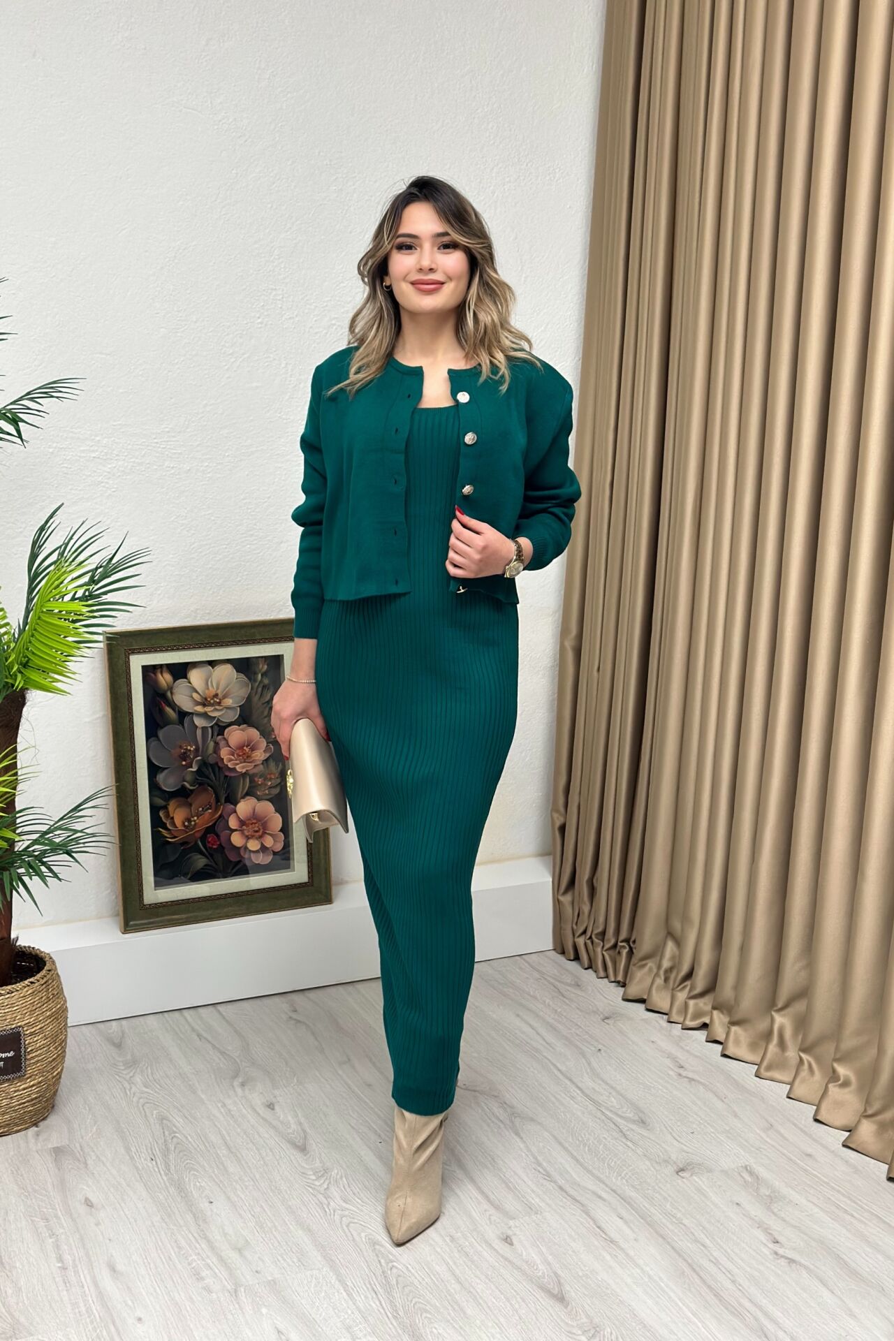 Triko Ceket Elbise İkili Takım Yeşil