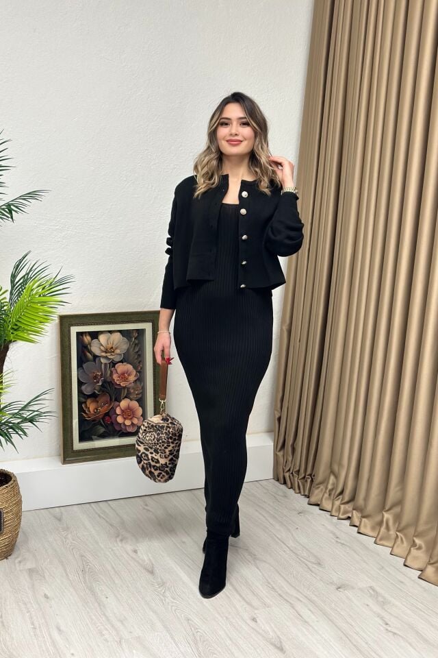 Triko Ceket Elbise İkili Takım Siyah