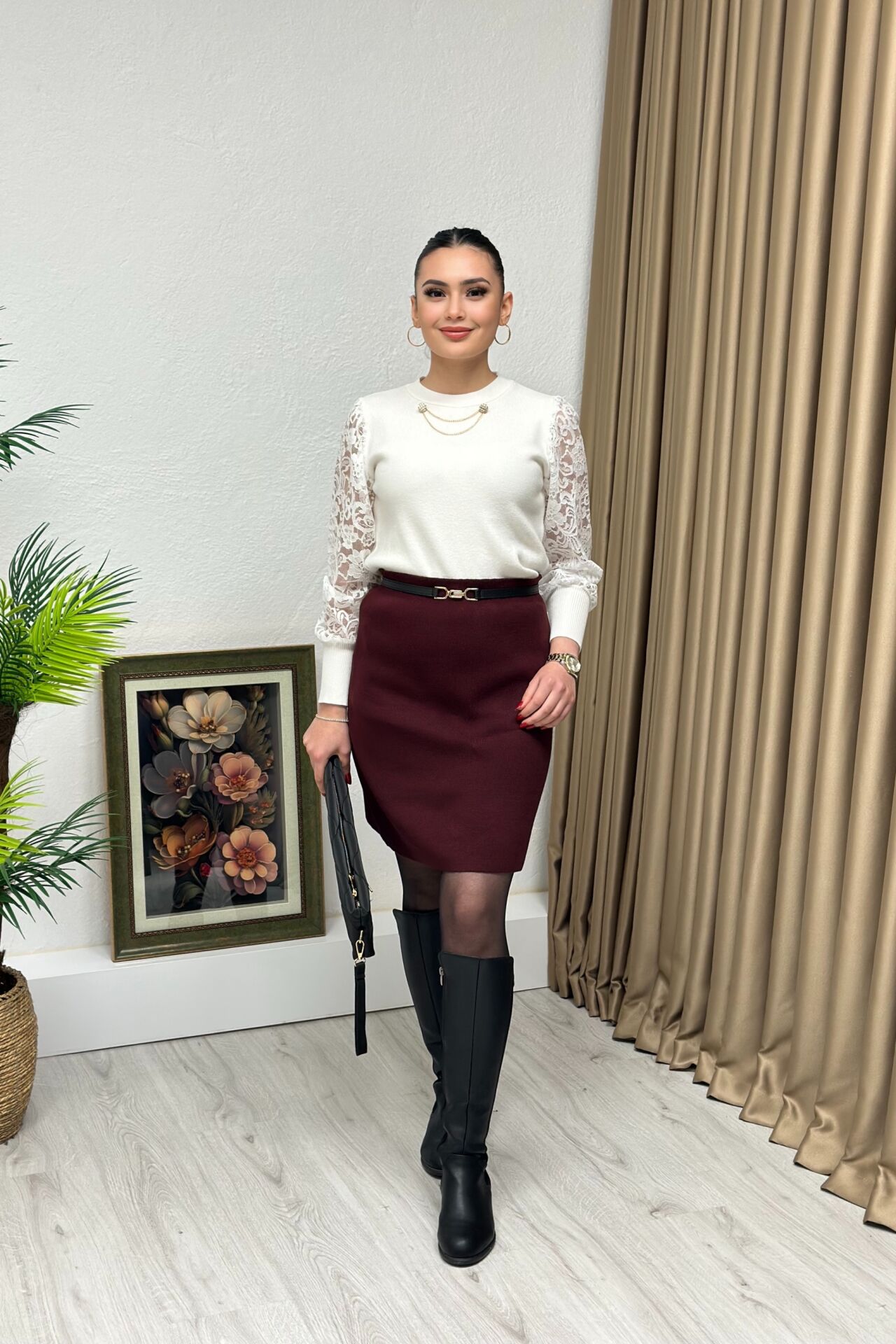 Premium Kalite Elit Triko Dantel Kol Bluz Beyaz