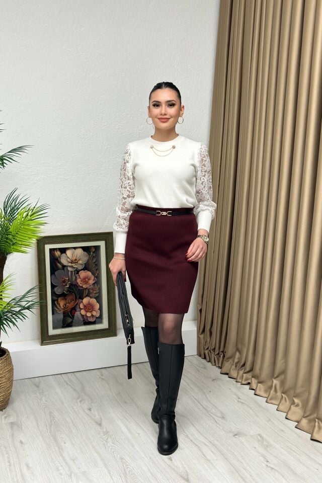 Premium Kalite Elit Triko Dantel Kol Bluz Beyaz