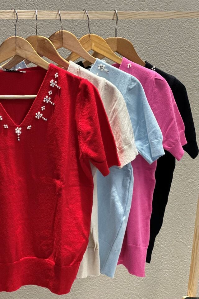 V Yaka Aksesuar Detaylı Premium Kalite Merserize Bluz Pembe