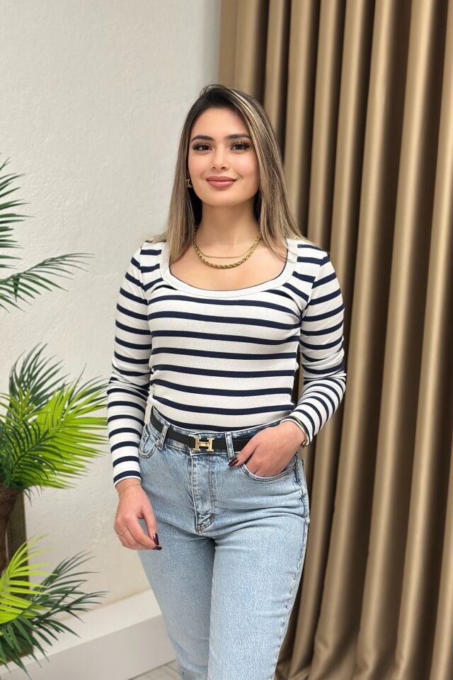 Premium Yuvarlak Yaka Kaskorse Body Lacivert Çizgili