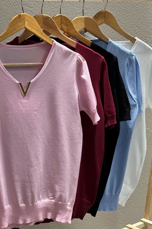 Yakası V Gold Metal Detaylı Merserize Bluz Bebe Mavi