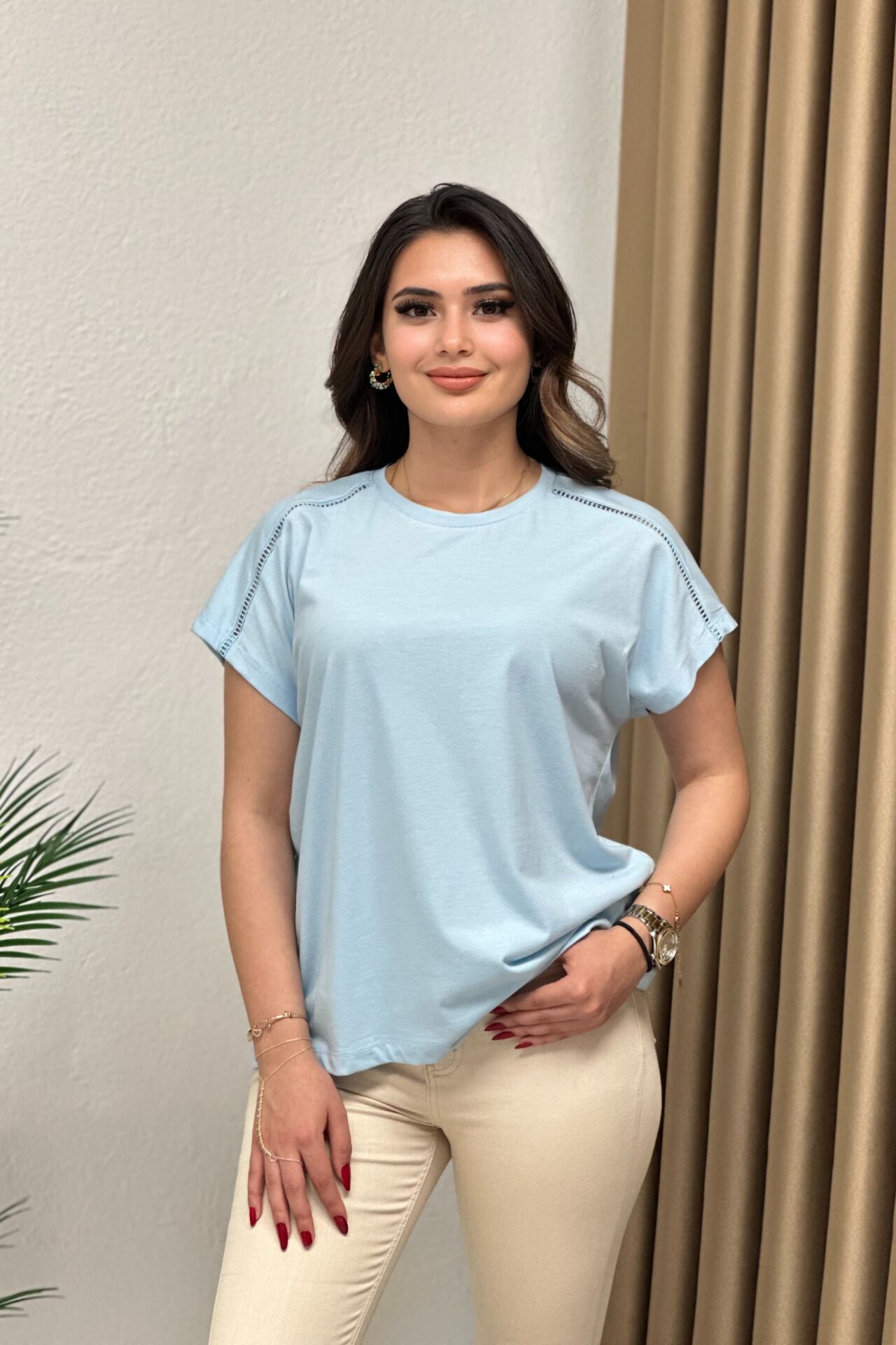 Orjinal Marka Omuzları Ajur Şerit Detaylı T-Shirt Bebe Mavi