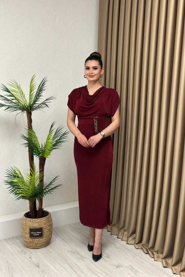 Degaje Yaka Buzzy Kumaş Elbise Bordo