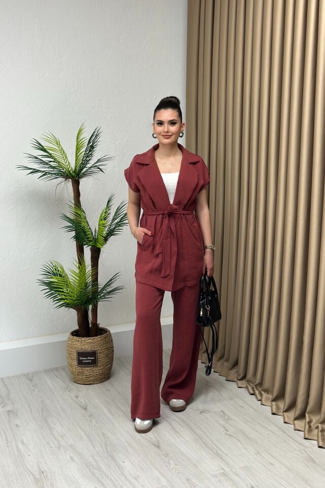 Premium Kalite Modal Kumaş Yelek Pantolon İkili Takım Kiremit