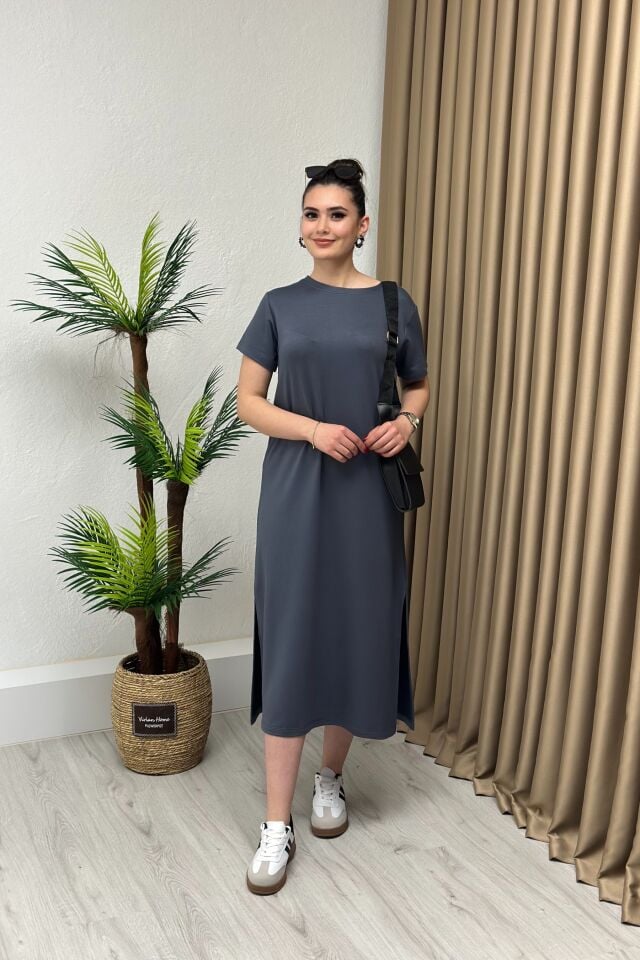 Modal Kumaş Yırtmaçlı Elbise Antrasit