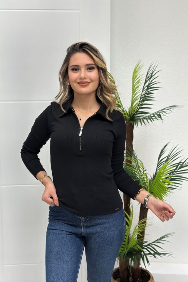 Polo Yaka Kaskorse Fermuarlı Body Siyah
