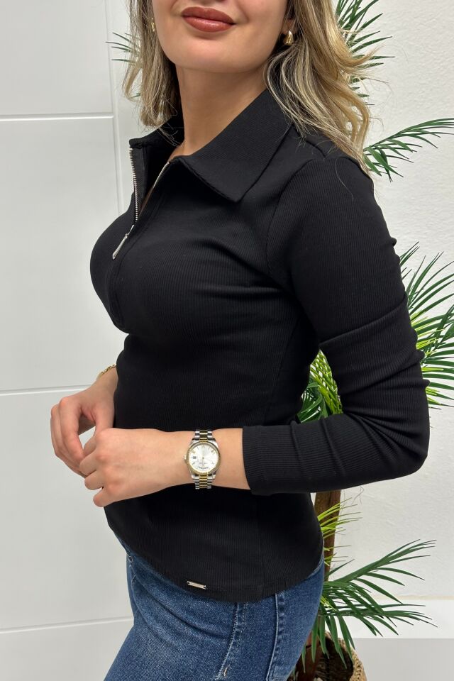 Polo Yaka Kaskorse Fermuarlı Body Siyah