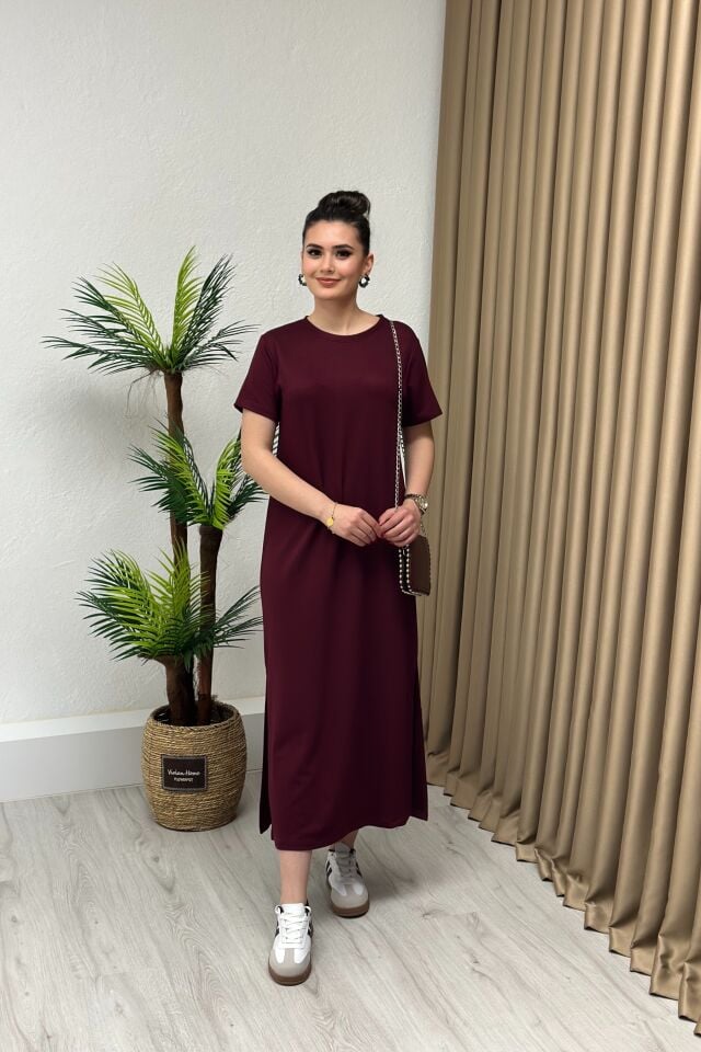 Modal Kumaş Yırtmaçlı Elbise Bordo