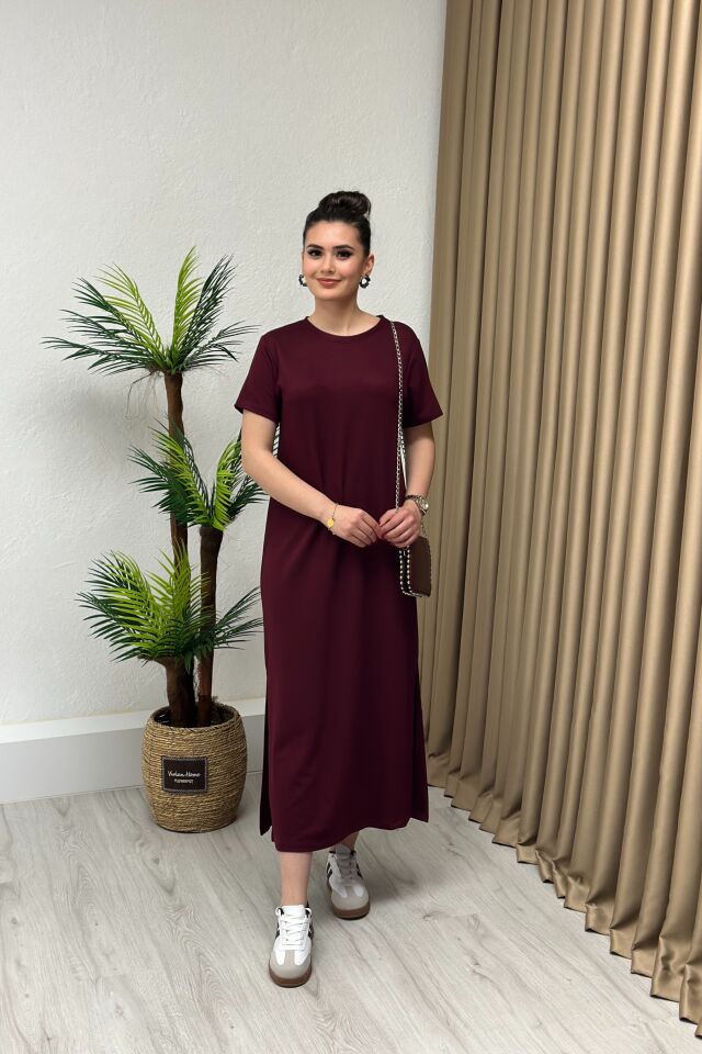 Modal Kumaş Yırtmaçlı Elbise Bordo