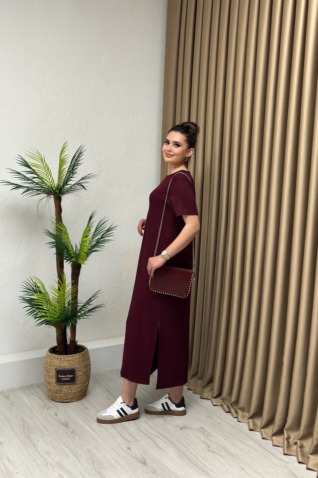 Modal Kumaş Yırtmaçlı Elbise Bordo