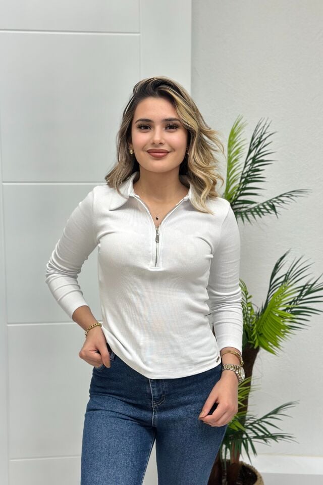 Polo Yaka Kaskorse Fermuarlı Body Beyaz