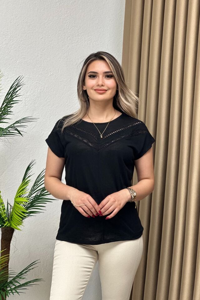 Orjinal Marka Güpür Detaylı Bluz Siyah