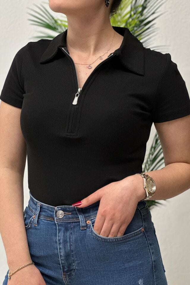 Polo Yaka Fermuarlı Kaşkorse Basic Body Siyah