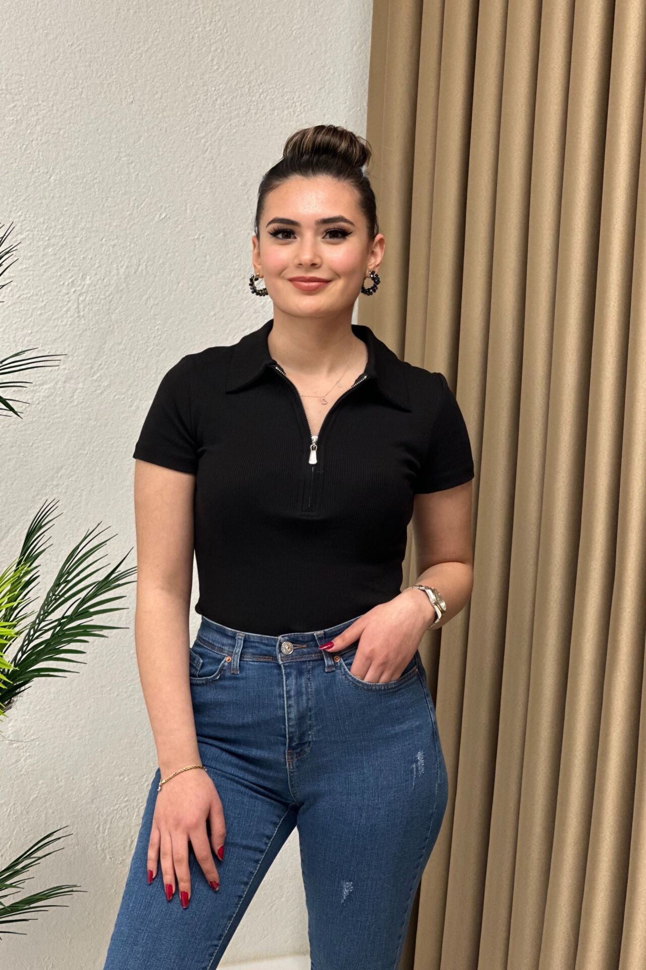 Polo Yaka Fermuarlı Kaşkorse Basic Body Siyah