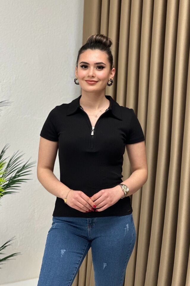 Polo Yaka Fermuarlı Kaşkorse Basic Body Siyah