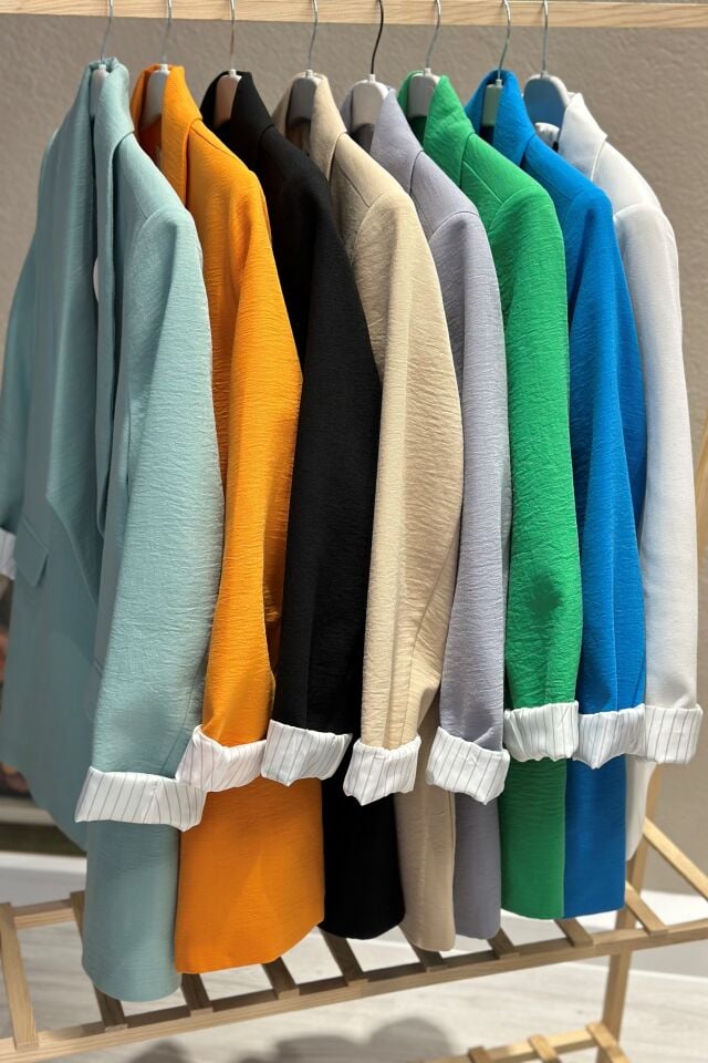 Krep Keten Kumaş Çizgili Astarlı Blazer Ceket Beyaz