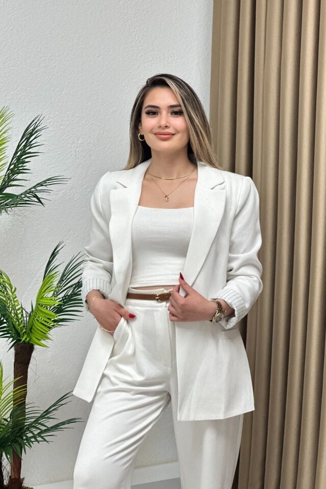 Krep Keten Kumaş Çizgili Astarlı Blazer Ceket Beyaz