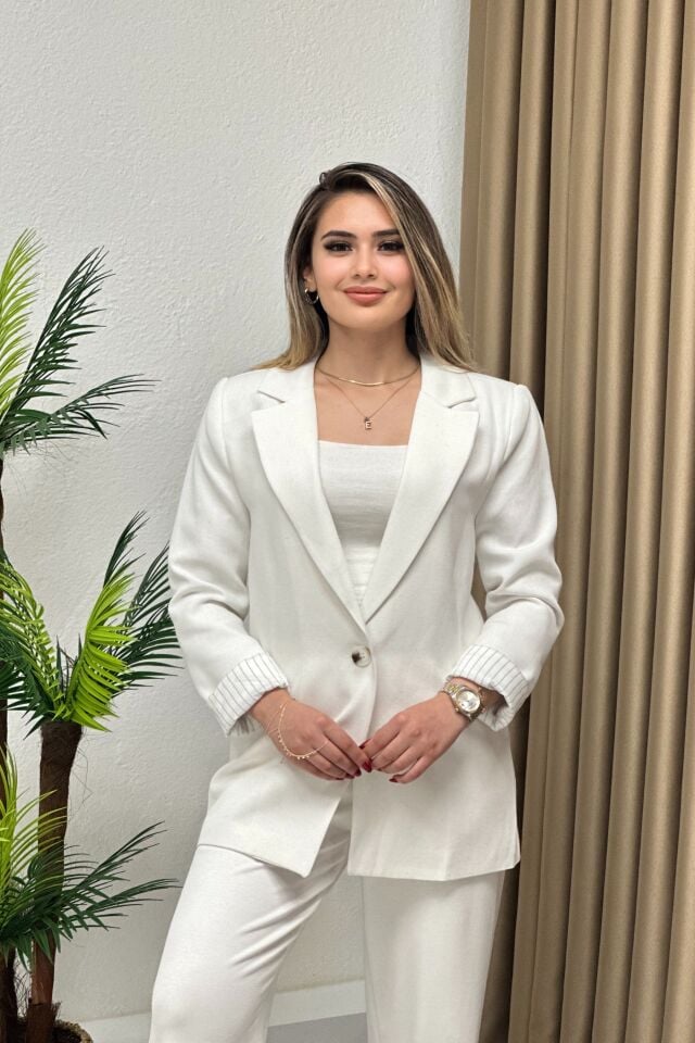 Krep Keten Kumaş Çizgili Astarlı Blazer Ceket Beyaz