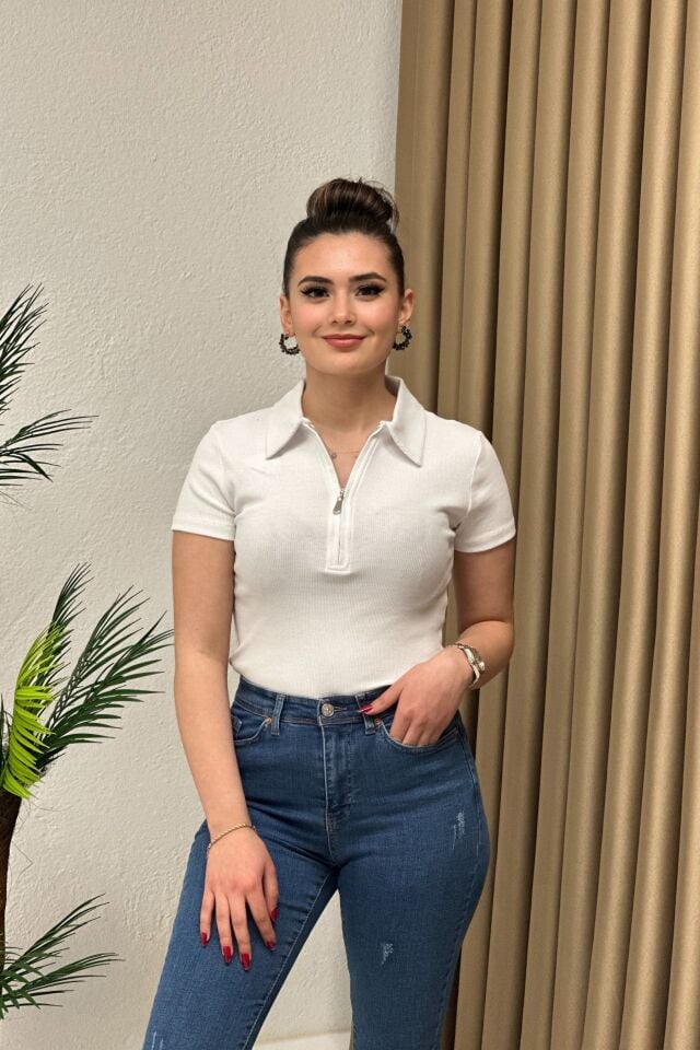 Polo Yaka Fermuarlı Kaşkorse Basic Body Beyaz