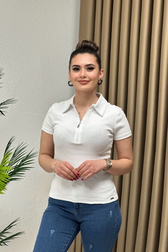 Polo Yaka Fermuarlı Kaşkorse Basic Body Beyaz