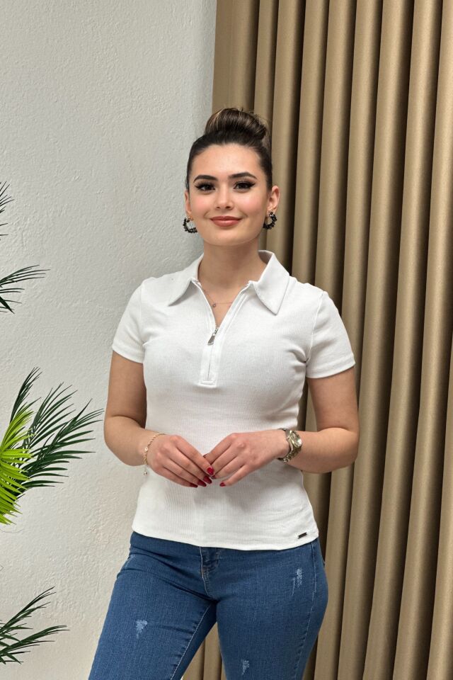 Polo Yaka Fermuarlı Kaşkorse Basic Body Beyaz