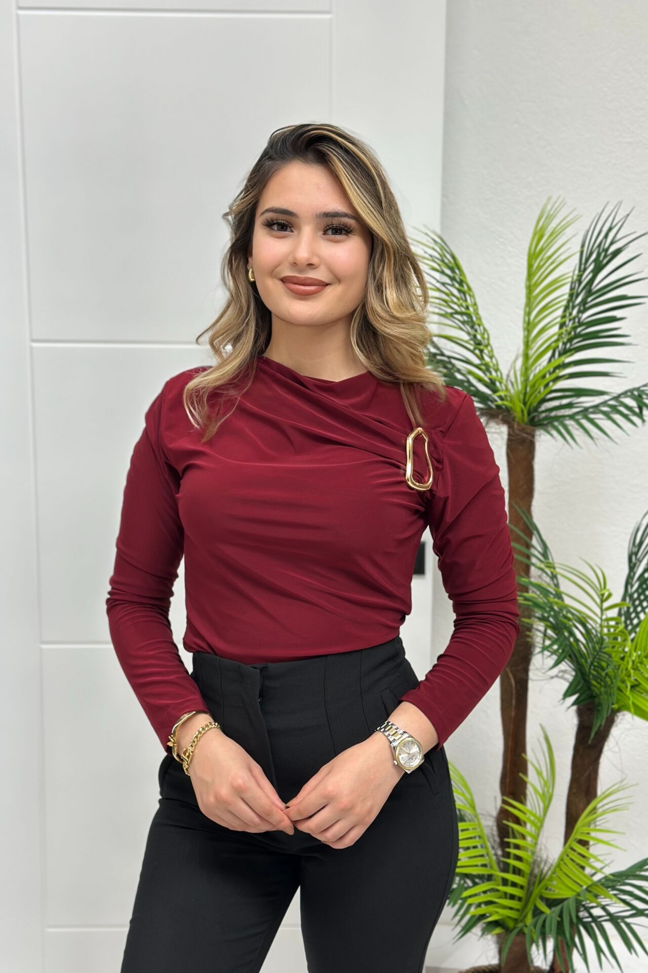Sandy Kumaş Gold Detaylı Bluz Bordo