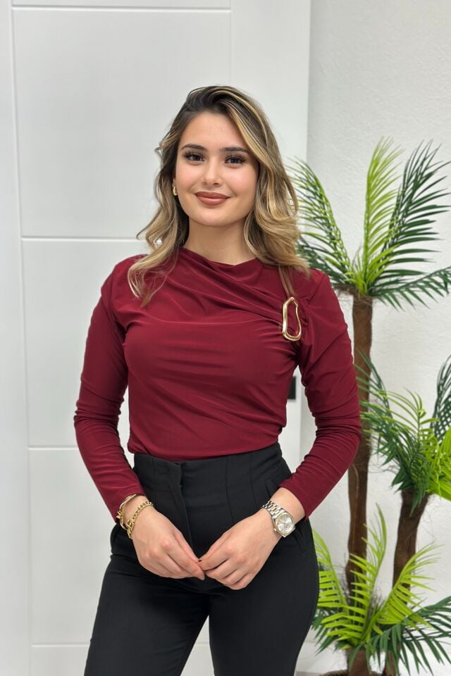Sandy Kumaş Gold Detaylı Bluz Bordo